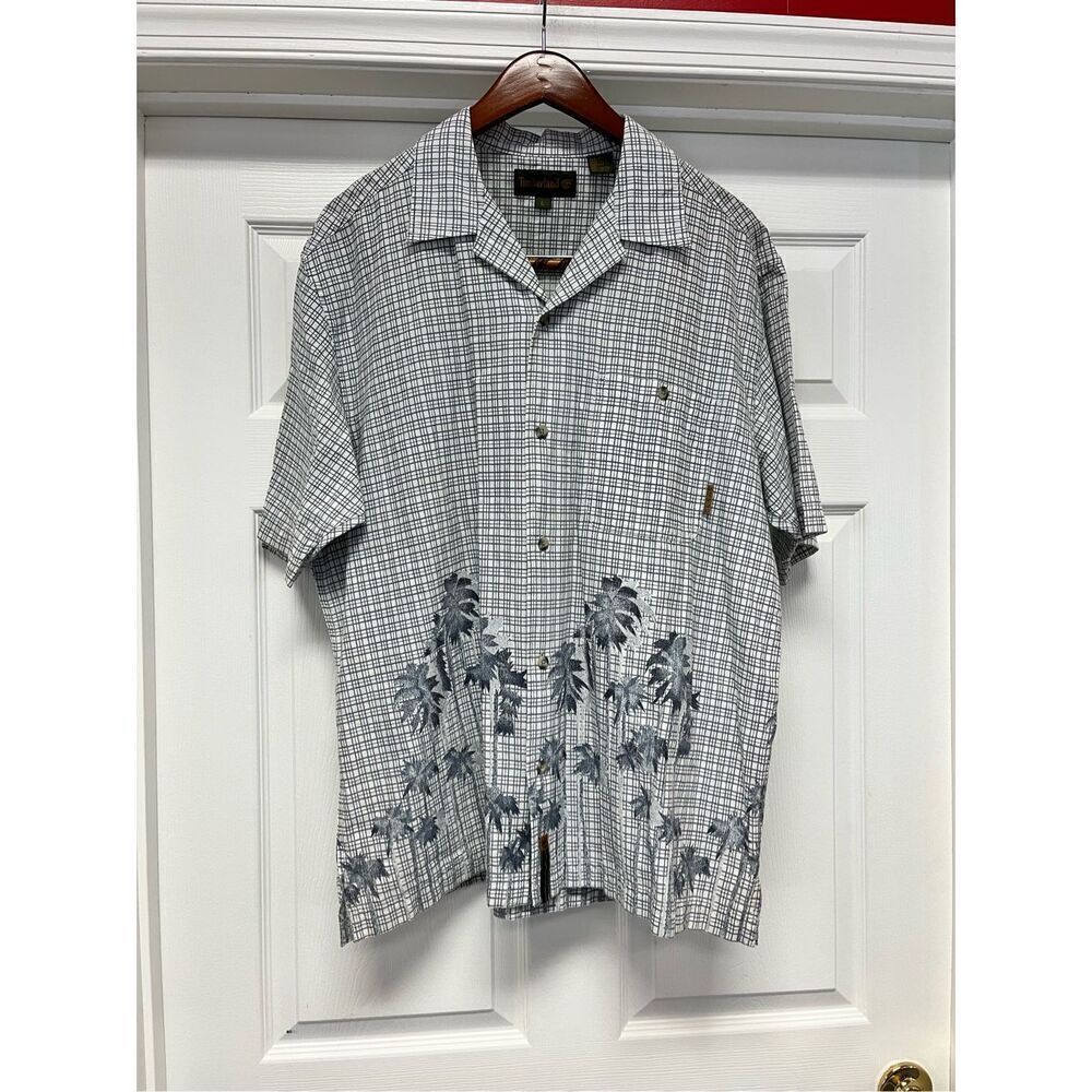 Timberland Gray Palm Tree Button Down Bowling Shirt sz L EUC